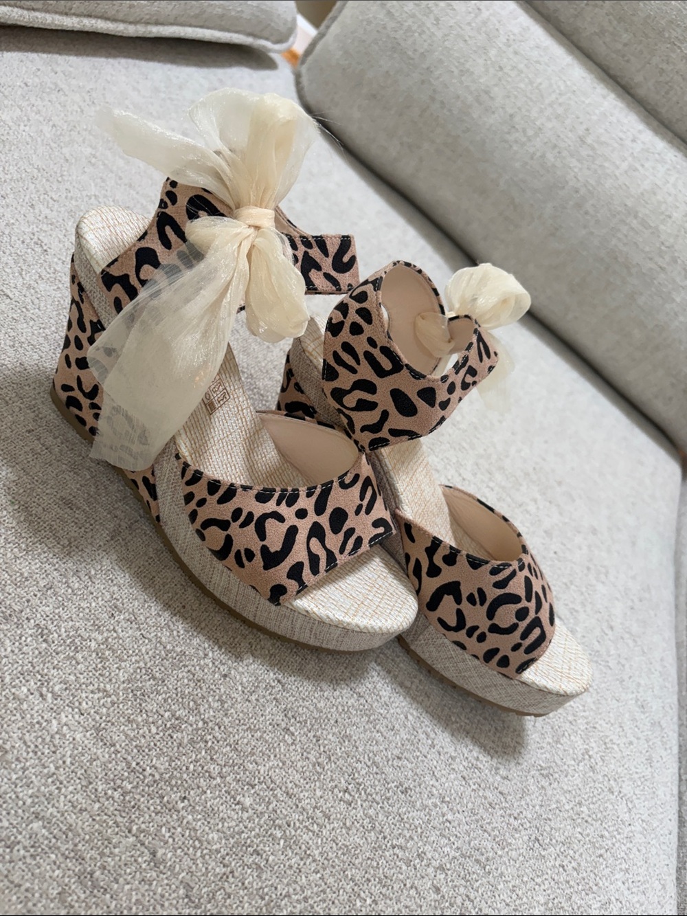 Leopard Print Wedge Sandals with Ivory Ribbon